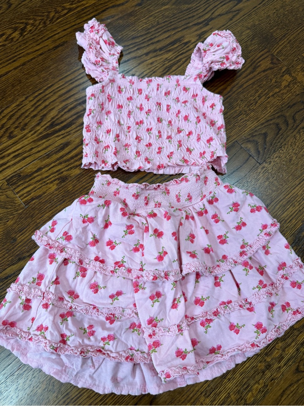 Love Shack Fancy Pink floral Print Smocked Crop Top & Tiered Skirt Set, 5T